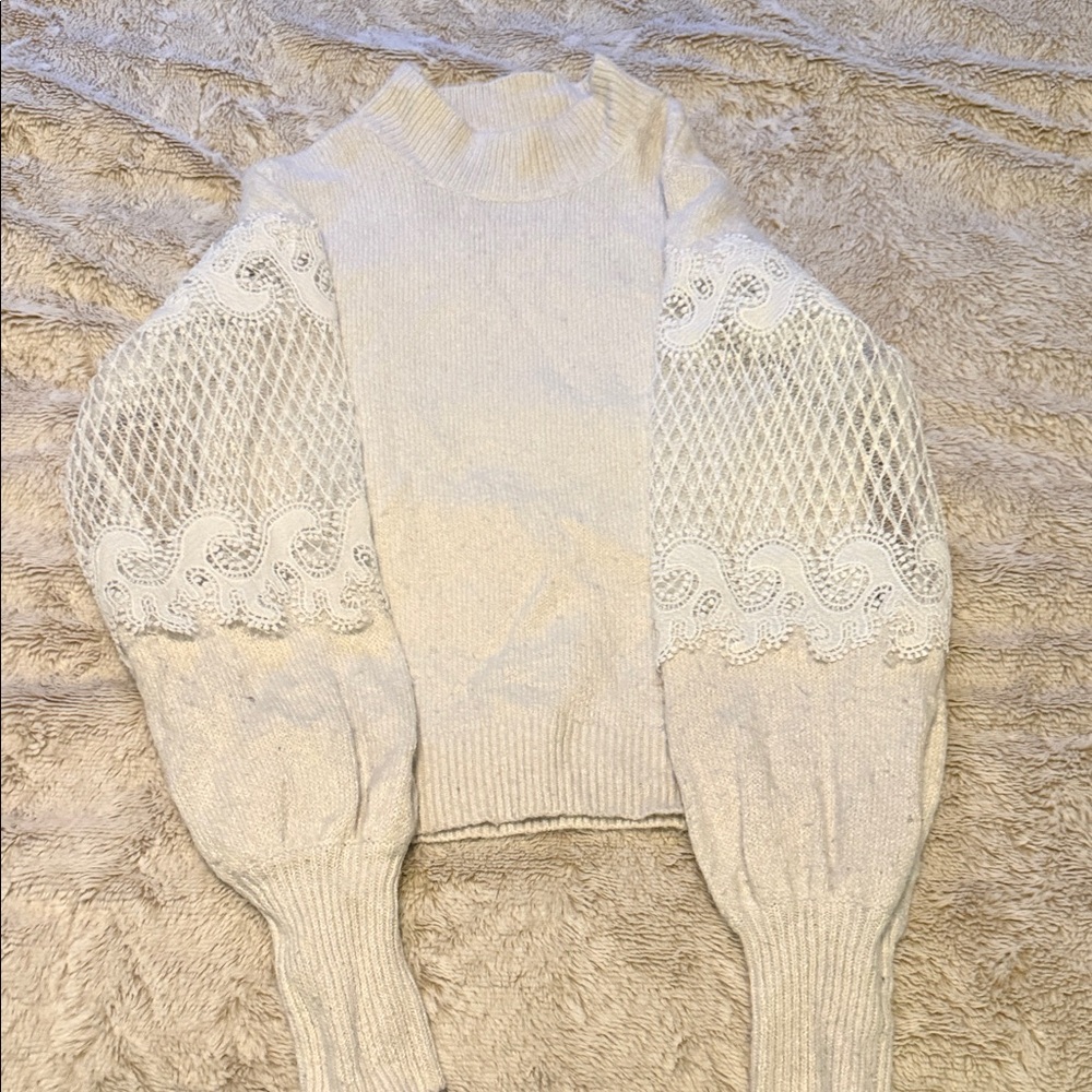 BKE Cream Turtleneck Sweater with Lace Detail